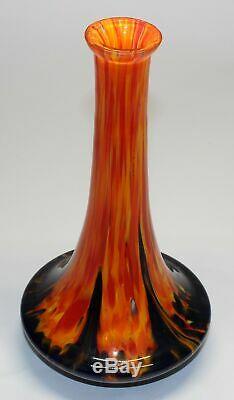 Czech Deco Art Glass Orange & Black Mottled Flame Bottle Vase