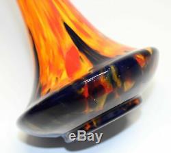 Czech Deco Art Glass Orange & Black Mottled Flame Bottle Vase