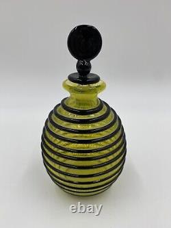 Czechoslovakia Yellow Applied Black String Tango Art Glass Perfume Bottle
