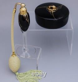 DeVilbiss Black & Clear & Gold Perfume Atomizer and Powder Jar Vanity Set 1931