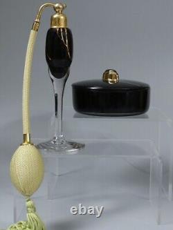 DeVilbiss Black & Clear & Gold Perfume Atomizer and Powder Jar Vanity Set 1931