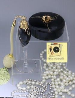 DeVilbiss Black & Clear & Gold Perfume Atomizer and Powder Jar Vanity Set 1931