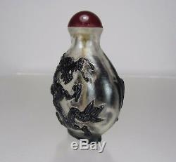 Early 19th C. Black Overlay on Transparent Glass Snuff Bottle Dragon & Phoenix