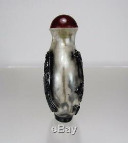 Early 19th C. Black Overlay on Transparent Glass Snuff Bottle Dragon & Phoenix