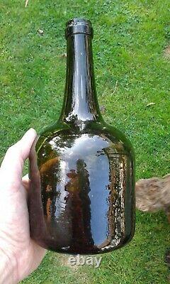 Early Black Glass Free Blown Mallet Shape Large Size, Pontil Wine Bottle C1800