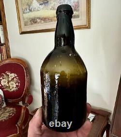 Early Crude Leaning Black Glass Ale Bottle Applied Lip 1850s Era Whittled Nice