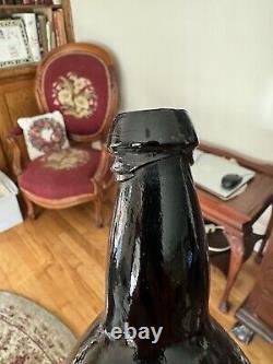 Early Crude Leaning Black Glass Ale Bottle Applied Lip 1850s Era Whittled Nice