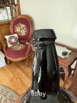 Early Crude Leaning Black Glass Ale Bottle Applied Lip 1850s Era Whittled Nice