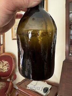 Early Crude Leaning Black Glass Ale Bottle Applied Lip 1850s Era Whittled Nice