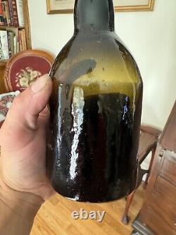 Early Crude Leaning Black Glass Ale Bottle Applied Lip 1850s Era Whittled Nice