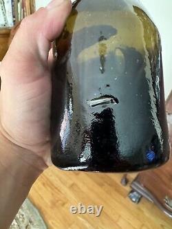 Early Crude Leaning Black Glass Ale Bottle Applied Lip 1850s Era Whittled Nice