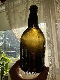 Early Crude Leaning Black Glass Ale Bottle Applied Lip 1850s Era Whittled Nice