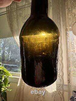 Early Crude Leaning Black Glass Ale Bottle Applied Lip 1850s Era Whittled Nice