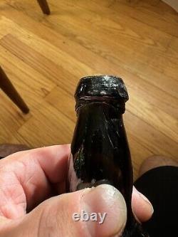 Early Crude Leaning Black Glass Ale Bottle Applied Lip 1850s Era Whittled Nice