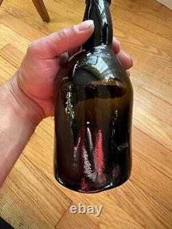 Early Crude Leaning Black Glass Ale Bottle Applied Lip 1850s Era Whittled Nice