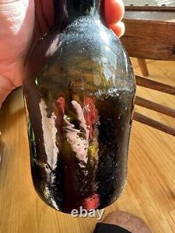 Early Crude Leaning Black Glass Ale Bottle Applied Lip 1850s Era Whittled Nice