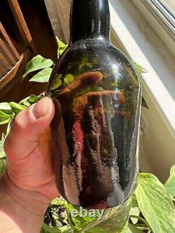 Early Crude Leaning Black Glass Ale Bottle Applied Lip 1850s Era Whittled Nice