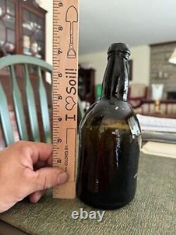 Early Crude Leaning Black Glass Ale Bottle Applied Lip 1850s Era Whittled Nice