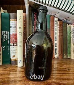 Early Crude Leaning Black Glass Ale Bottle Applied Lip 1850s Era Whittled Nice