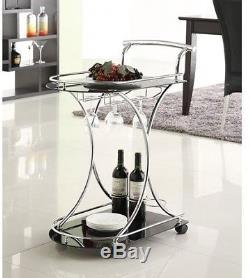 Elegant Bar Drink Serving Cart with 2 Black Glass Shelve Wine Bottle Stemware Rack