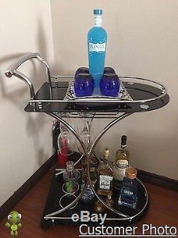 Elegant Bar Drink Serving Cart with 2 Black Glass Shelve Wine Bottle Stemware Rack
