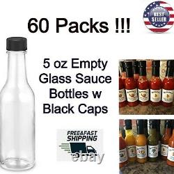 Empty Hot Sauce Bottles Glass Woozy Clear Vinegar Oil W Black Cap 5 oz 60 Pack