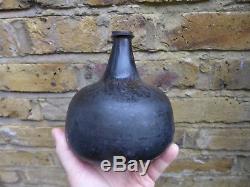 English Black Glass Onion Shaped Wine Bottle Circa Early 1700s