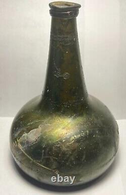 English Black Glass Pancake Onion Bottle Late 1600s / Early 1700s Rum / Wine