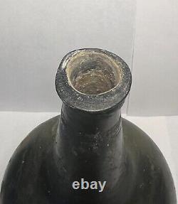 English Black Glass Pancake Onion Bottle Late 1600s / Early 1700s Rum / Wine