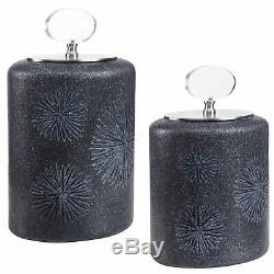 Etched Black Glass Bottle Set 2 Floral Sunburst Silver Mid Century Modern Oval