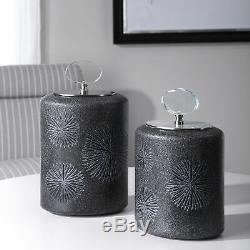 Etched Black Glass Bottle Set 2 Floral Sunburst Silver Mid Century Modern Oval