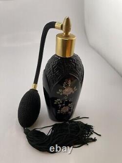 Fenton Art Black Glass Copper Rose Perfume bottle atomizer hand painted