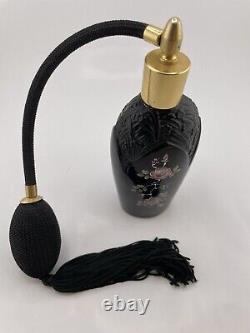 Fenton Art Black Glass Copper Rose Perfume bottle atomizer hand painted