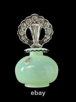 Fenton Glass Translucent Jadeite Colored Flower Perfume Bottle Black Crest 6