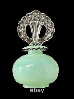 Fenton Glass Translucent Jadeite Colored Flower Perfume Bottle Black Crest 6