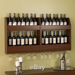 Floating Wine Liquor Rack Bottle Glass Holder Wall Mount Display 2 Shelves Wood