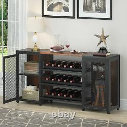 Freestanding Floor Liquor Bar Table with Glass Holder& Wine Storage Rustic Brown