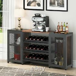 Freestanding Floor Liquor Bar Table with Glass Holder& Wine Storage Rustic Brown