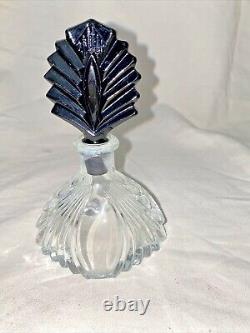 French Art Deco molded clear glass perfume bottle black glass fan stopper set