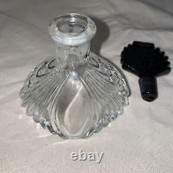 French Art Deco molded clear glass perfume bottle black glass fan stopper set