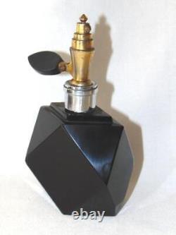 Gorgeous Old BLACK Glass PERFUME BOTTLE, ART DECO Faceted Shape