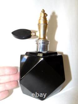 Gorgeous Old BLACK Glass PERFUME BOTTLE, ART DECO Faceted Shape