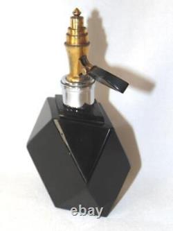 Gorgeous Old BLACK Glass PERFUME BOTTLE, ART DECO Faceted Shape