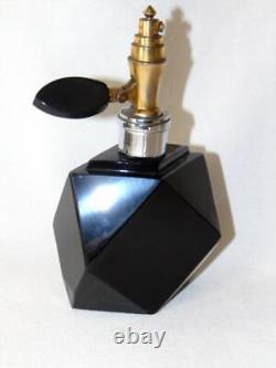 Gorgeous Old BLACK Glass PERFUME BOTTLE, ART DECO Faceted Shape