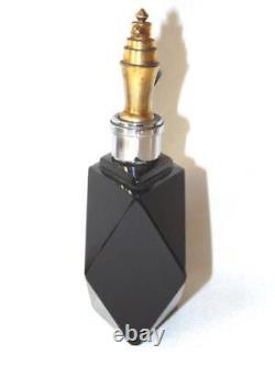 Gorgeous Old BLACK Glass PERFUME BOTTLE, ART DECO Faceted Shape