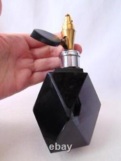 Gorgeous Old BLACK Glass PERFUME BOTTLE, ART DECO Faceted Shape