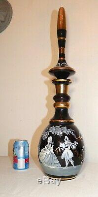 HUGE vintage black amethyst enameled Mary Gregory glass liquor decanter bottle