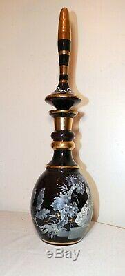 HUGE vintage black amethyst enameled Mary Gregory glass liquor decanter bottle