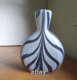 Heavy Cased Art Glass Pocket Flask With Blue & Black Swirls Hand Blown Scarce