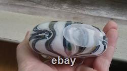 Heavy Cased Art Glass Pocket Flask With Blue & Black Swirls Hand Blown Scarce